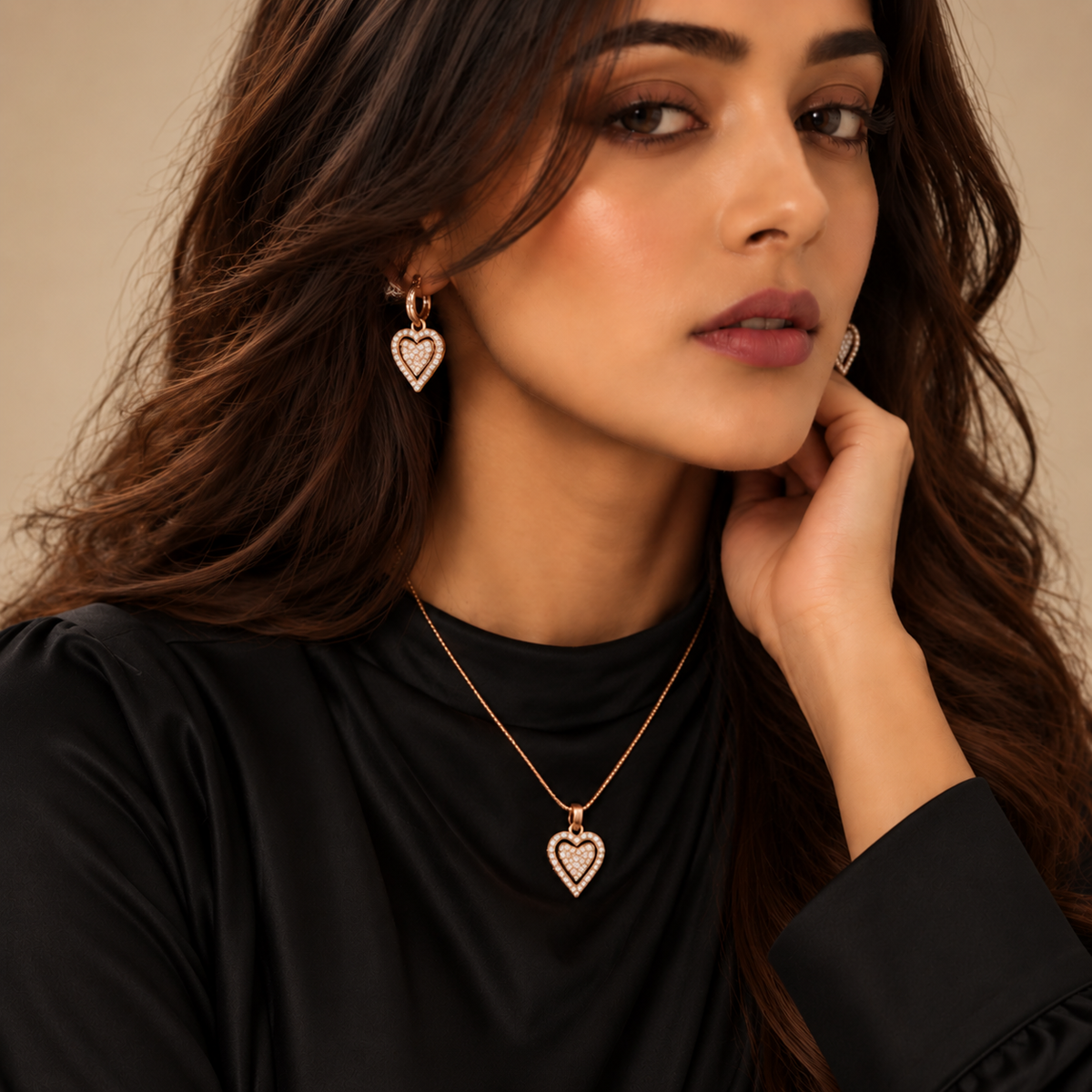 Rose Gold Heart Pendant Chain Set