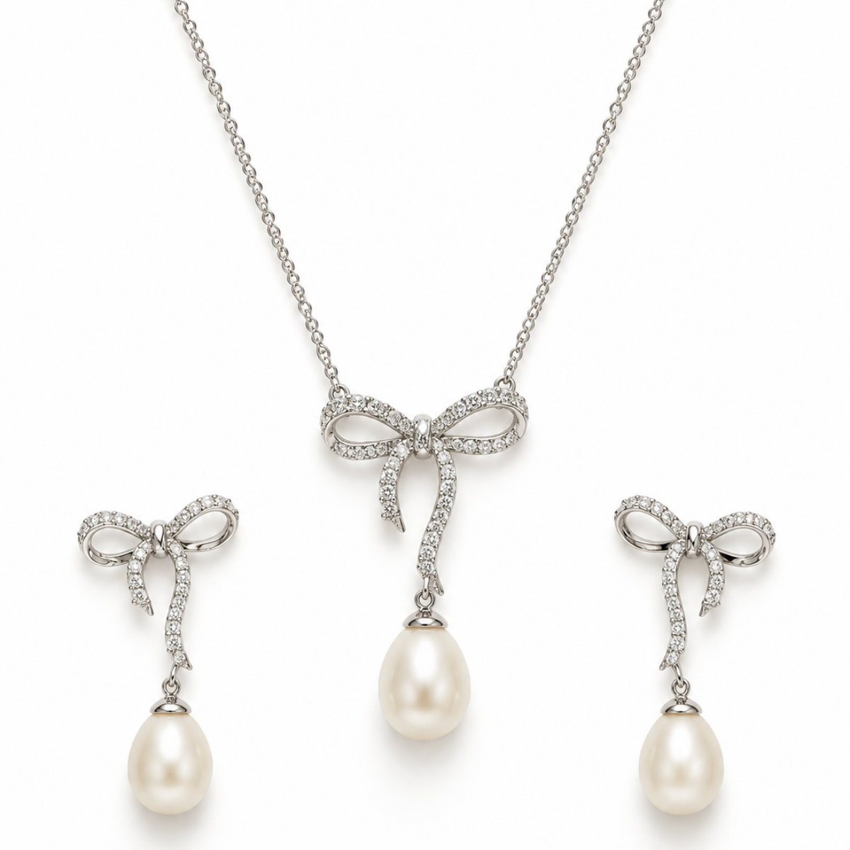 Silver Pearl Bow Chain Set