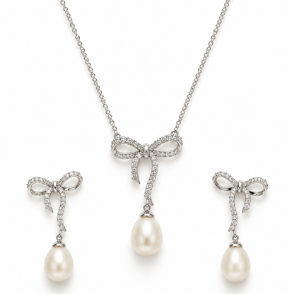 Silver Pearl Bow Chain Set