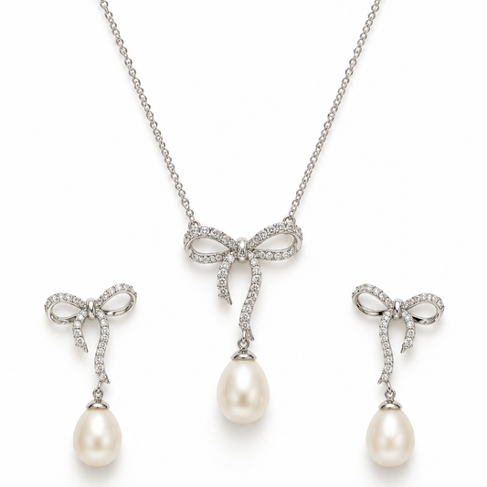 Silver Pearl Bow Chain Set