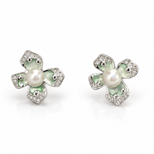 Silver Pearl Flower Earrings